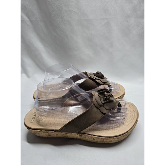 Crocs Size 10 ALeigh Flower Leather Flip Flop Sandal Cork Platform Wedge Brown - Picture 2 of 11